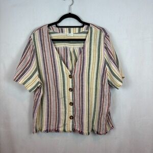 Abound Womens Linen Button Front Short Sleeve Striped Blouse Size Large‎ Fringe